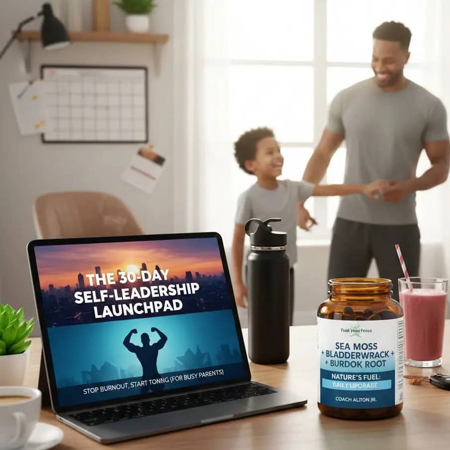 Self-leadership ebook for parents displayed on laptop with supplement bottle and father and son in background